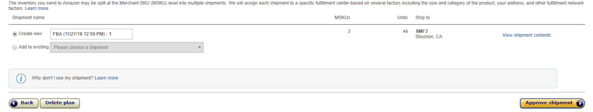 Amazon replenish inventory - choose warehouse