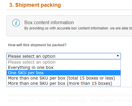 Amazon replenish inventory - choose shipping packing