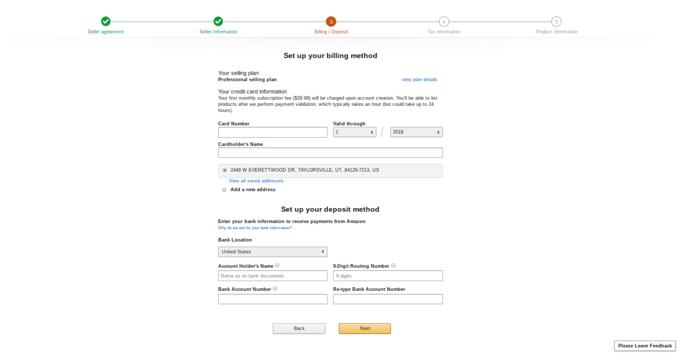Opening new amazon seller account - billing page