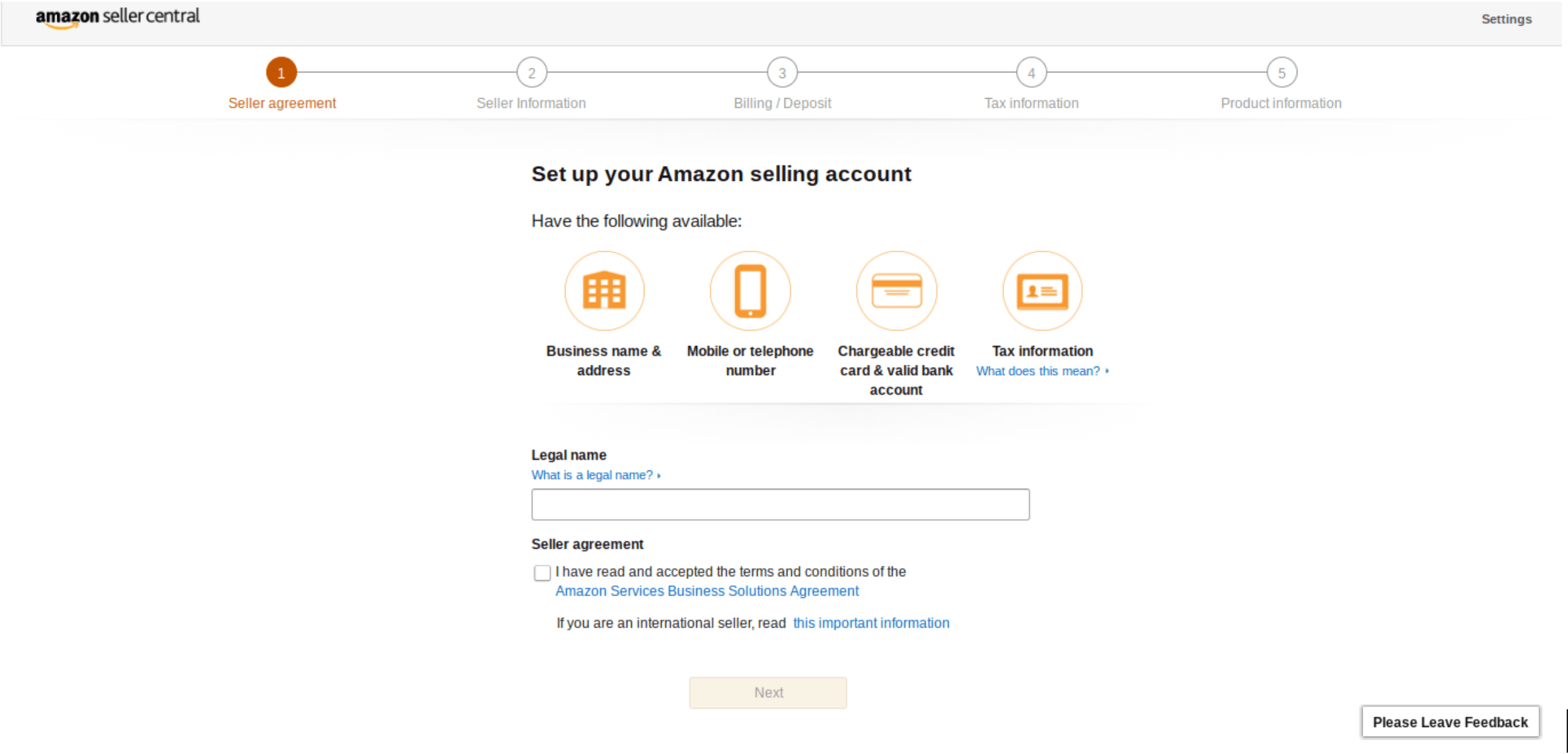 Opening new amazon seller account - seller agreement screen