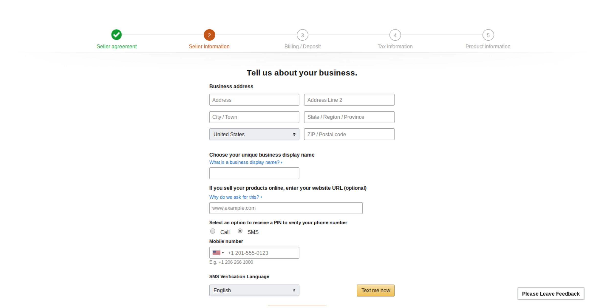 Opening new amazon seller account - seller info step