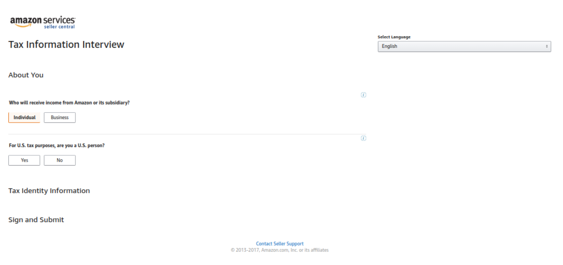 Opening new amazon seller account - tax information page