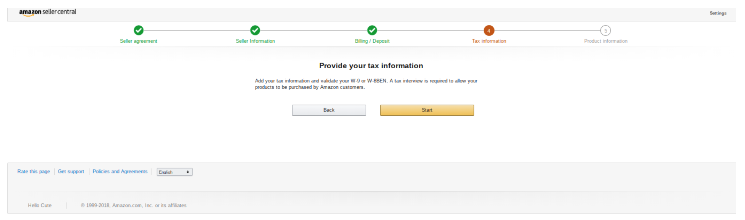 Opening new amazon seller account - tax information page