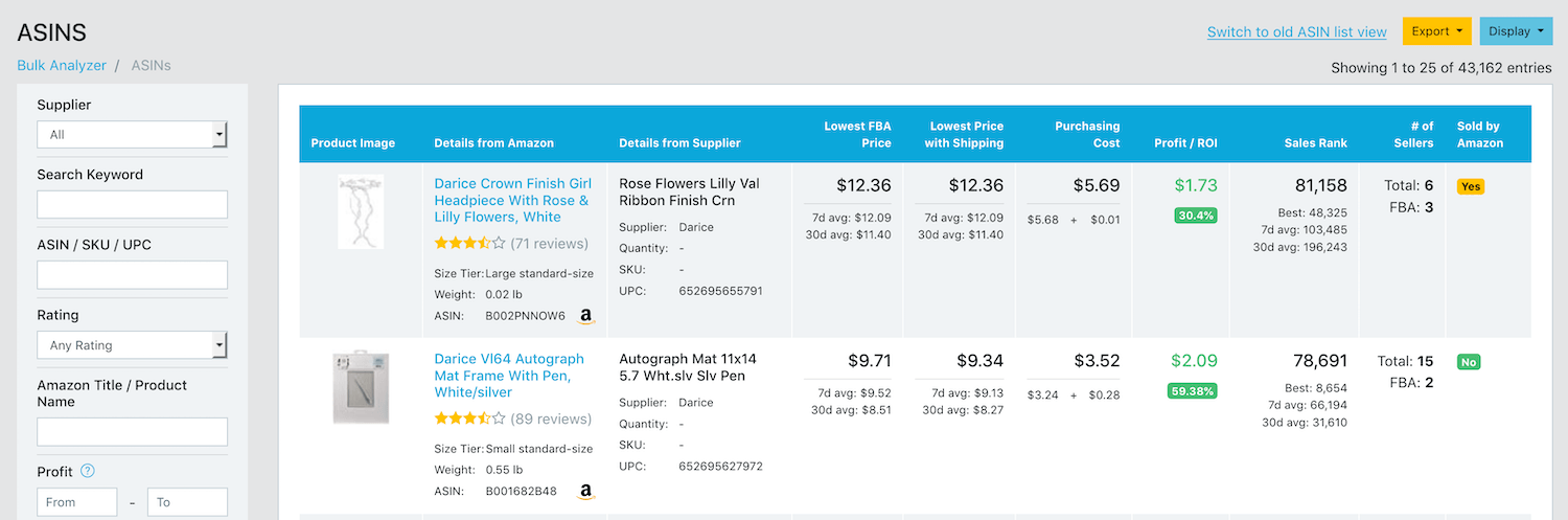 SupplySpy Bulk Profit Analyzer ASIN List redesign